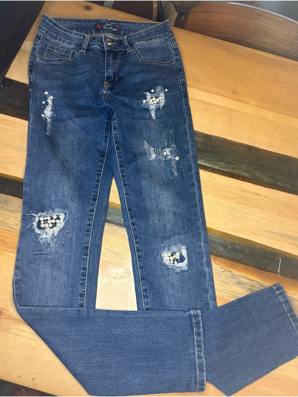 Women’s Blue Distressed Embellished Jeans